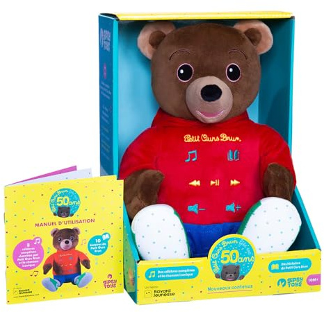 Gipsy Toys – Petit Ours Brun - Edition Speciale Anniversaire 50 Ans - Peluche Interactive : CHANSONS, COMPTINES, CONTEUSE D’Histoires – 28 CM – Marron ET Rouge – Vendue en Boite Cadeau - Version FR
