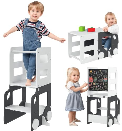 AIYAPLAY Toddler Learning Tower, 4 in 1 Toddler Step Stool with Chalkboard