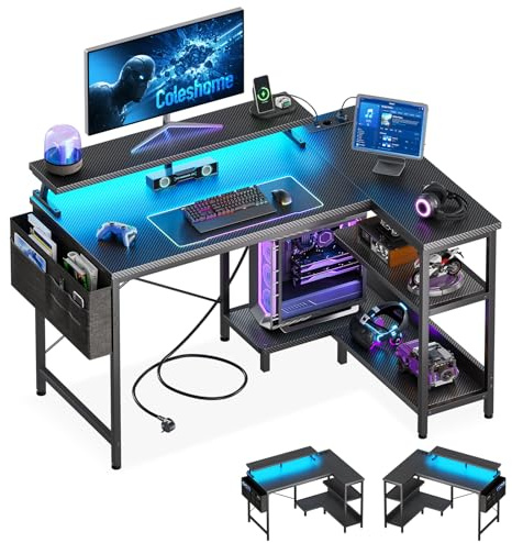 Coleshome Gamingbord L-Form med LED-belysning & Inbyggda Uttag, 100x80cm, Svart kolfiber