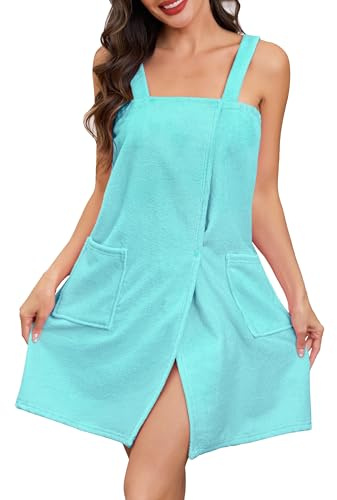 Lovasy Albornoz para Mujer Toalla de Envoltura Toalla de Baño Albornoces de Casa Mujer con Tiras Anchas, Bolsillos, Botón de Presión y Banda Elástica Ajustable,Azul,S-M