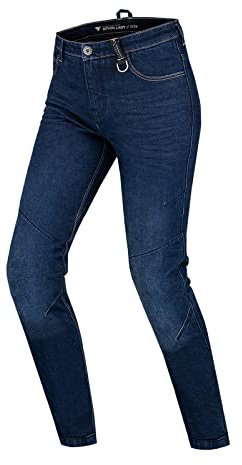 SHIMA DEVON Jeans Moto - Ventilés Élastiques Biker Pantalon Coupe Slim avec Renforts en FiberQL, Protections CE pour les Genoux et les Hanches. (Femme, Bleu foncé, 24 LONG)