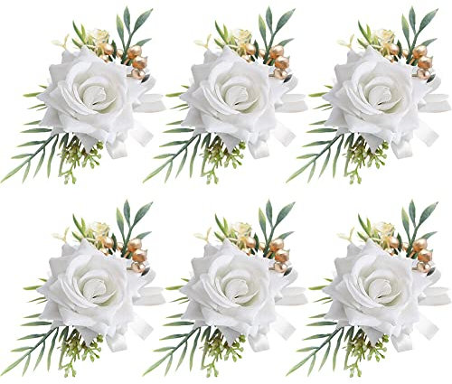 Asudaro Hochzeit Handgelenk Blume Corsage, 6 Stück Bräutigam Boutonniere Ansteckblume Hochzeit Boutonniere Braut Hochzeit Handgelenk Blumen Corsage Rose Boutonniere Handgelenk Blumen Weiß W#02