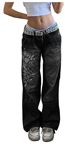KJDWJKJRF Women's Y2K Baggy Denim Trousers Korean Style Harajuku Hot Mom Denim Jeans Grunge Vintage Skinny Flare Pants 20s Retro Cargo Pants Vintage Streetwear Boyfriend Pants, Black, M