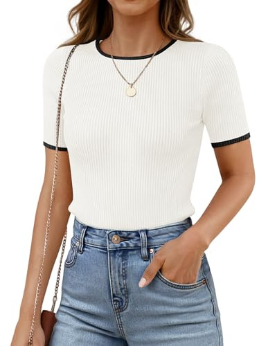 ZESICA Women's Summer Short Sleeve Ribbed Knit Slim Fit T Shirt 2025 Crewneck Basic Casual Color Block Tee Tops,White,Large