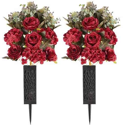 Memobloom Cemetery Flowers for Grave Decorations: 2 Pcs Red Artificial Rose Hydrangea Christmas Flower Arrangements Silk Funeral Floral Bouquet with Vase for Outdoors Gravessite Decor