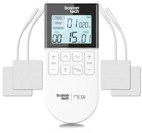 Boston Tech TENS Gerät Schmerztherapie Muskelstimulator | 3 in 1: TENS EMS Fitness | Effektive Schmerzlinderung + Training | 2 Kanäle + 50 Modi + 16 Intensitätsstufen + Inklusive Etui + 4 Elektroden