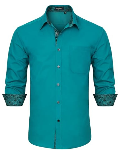 HISDERN Camisa para Hombre Casual Formales Clásico con Botones Camisas de Vestir Cuello de Manga Larga Ajuste Regular