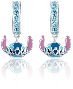 Disney Pendientes de Medio Aro Stitch en Plata con Circonitas Celestes y Esmalte de Colores, para Mujeres y Niñas, Listo para Regalar, Joya Oficial Disney