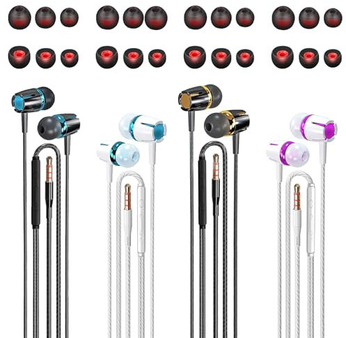 In Ear Wired Headphones,4 Packs Wired Earphones with Microphone&Volume Control and 12 Pairs Replacement Earplugs,Noise Isolating & Deep Bass Headphones in Ear for i-Phone,i-Pad, Smartphone,MP3 Players