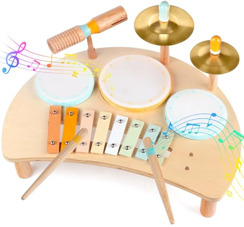 Kids Drum Set, All-in-One Montessori Musical Instruments for Toddlers 1-3, Wooden Musical Toys for Baby 12-18 Months, Preschool Educational Xylophone Drum Kit, Birthday Gift for Boys Girls