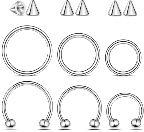 Yolev 12pcs Horseshoe Rings Septum Rings 16g Septum Nose Ring Hoops Surgical Steel Piercing Jewelry 8mm/10mm/12mm Hinged Clicker Segment Ring Lip Eyebrow Daith Helix Cartilage Earrings Sliver