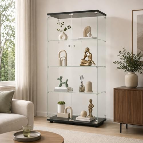 YLSZHY Vitrina de cristal con 4 estantes con puertas dobles, vidrio templado, armario Curio con cerradura, vitrina de colección, estantería de pie para sala de estar o dormitorio (negro sin luz)