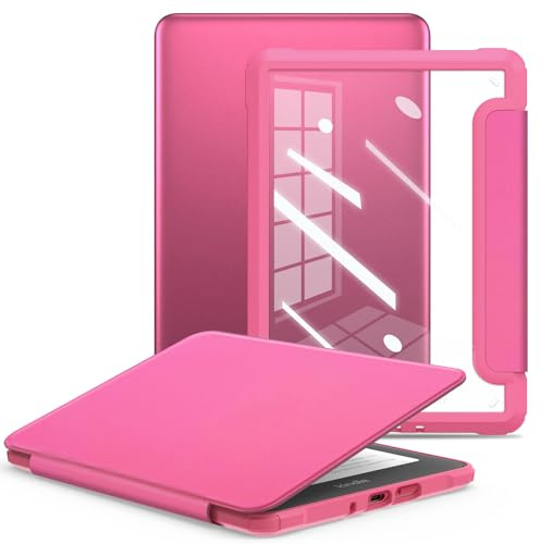 E NET-CASE Case for 7 Kindle Paperwhite 12th Gen 2024 Released & Kindle Colorsoft (1st Gen.2024/2025),Clear Back Shell Durable PU Leather Cover with Auto Sleep Wake,Raspberry
