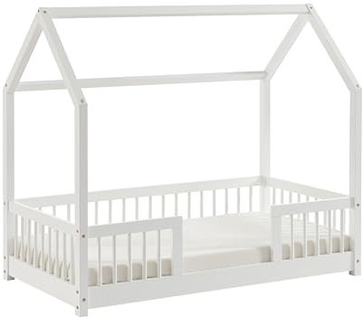 BAÏTA Lit cabane avec barrières Tiny pin Massif Blanc 70x140 sommier Inclus