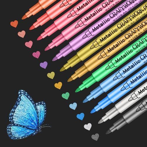 Funnasting Metallic Marker Pens, 12 Colours, for Black Paper, Gift Card | Metallic Paint Pens for Colouring Books, Scrapbook Accessories, Gift Card Making, Journaling, Arts and Crafts Supplies