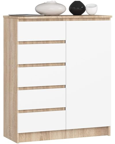 AKORD Kommode K-100 avec 1 Portes et 5 Tiroirs | pour Le Salon Chambre à Coucher | Moderne | Plateau Laminé 16mm | 80 x 35 x 97 cm | Blanc & Chêne Sonoma
