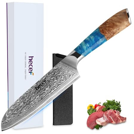 hecef Japanese Santoku Knife 7 Inch – Damascus Steel Blade with ABS Sheath, Blue Resin Handle– Ultra Sharp Chef Knife for Effortless Slicing, Cutting & Dicing, Gift for Home Cooks & Pros