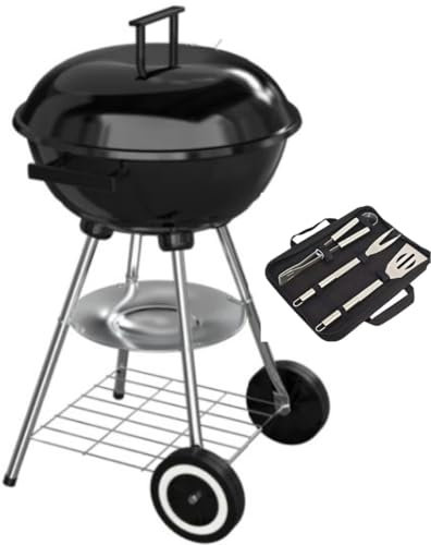 Pack Barbecue Charbon à bois Boule Livona + Set 3 Ustensiles en Inox – Idéal Jardin & Camping