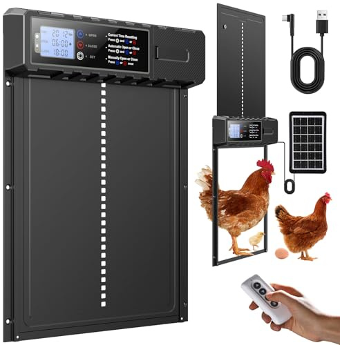 FabStyl Puerta Gallinero Automatica con Panel Solar de 3W, Puerta Automatica Gallinero con Encendido y Apagado Temporizado y Protección Antipinzamiento, Aluminio, Negro