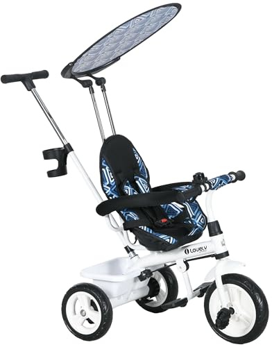 HOMCOM Triciclo para Bebés 6 en 1 Triciclo Evolutivo para Niños de +12 Meses con Toldo Plegable Mango de Empuje Telescópico y Desmontable Asiento Ajustable Cesto y Portabotellas Azul