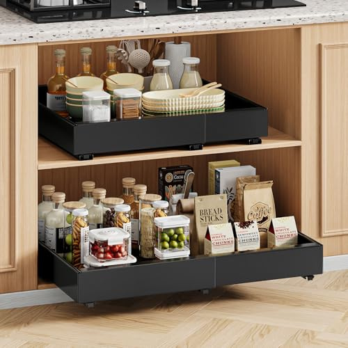 Warmiehomy 2 Pcs Pull Out Cabinet Organiser W 30-52cm Expandable, Black | Adjustable Sliding Storage Drawer, No Drill Adhesive, for Kitchen Cupboard, Pantry, Bathroom, 30-52 x 42 x 7.5cm