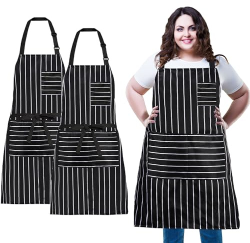 XIEJINJIA Plus Size 2 Pack Adjustable Water Resistant Long Ties Bib Apron with 2 Pockets Thick Canvas Cooking Kitchen Extra Wide Chef Aprons for Women Men