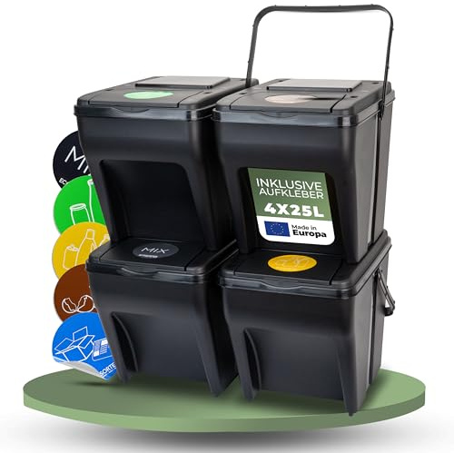 Novaliv Mülltrennsystem Set - 4x 25L Mülleimer Trennsystem - Mülleimer 4 Fächer - Mülltrennsysteme stapelbar - Mülltrennung Recycling Behälter - Abfalltrennsystem - Müll Organizer Müllsortierer