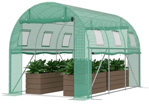 Froadp Växthus folietunnel 3 x 2 x 2 m, tomathus med galvaniserad stålram, folieväxthus med fönster och dragkedjedörrar, växthus för grönsaker och växter, grönt