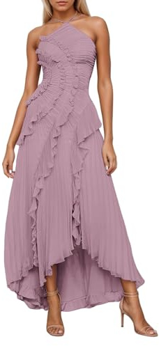 Vestido Largo Plisado con Volantes para Mujer, Vestido de Gasa sin Mangas, Cuello Halter, Escalonado Boda, invitada Fiesta, Formal #0410Y
