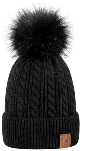 Alepo Womens Winter Beanie Hat, Warm Fleece Lined Knitted Soft Ski Cuff Cap with Pom Pom(Black)