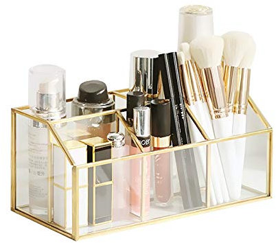 SLHEQING Make Up Organizer Gold, Pinselhalter 5 Fach, Schminktisch Organizer Glas Kosmetik Organizer, Skincare Organizer für Pinsel, Eyeliner, Parfüm, Lippenstift und mehr