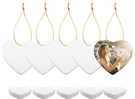 PYD Life 25 PCS Sublimation Blanks Ornaments Ceramic White 3 Heart Shaped | Double-sided Printable Christmas Ornaments with Gold String for Home Tree DIY Decor Bulk, for Heat Transfer Printing