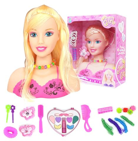 Maedack Makeup Pretend Playset for Girls - 17Pcs Hairdressing Styling Head Doll Makeup Toy Educational Toy Gift -A