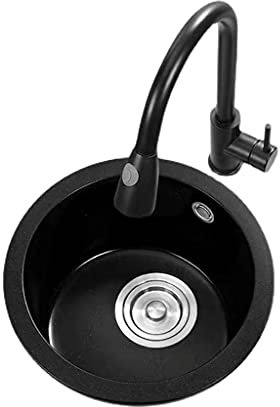 Küchenspülen Rundes Waschbecken aus Quarzstein, Einzelbad, Unterbauwaschbecken, Kleine Bar, Balkonwaschbecken, Wäschewaschbecken (Farbe: Schwarz, Größe: 46 cm)