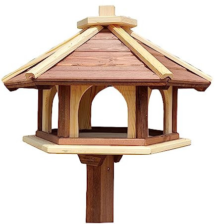 Vogelhaus mit Stander aus Holz, wetterfest, vogelfutterhaus, Futterhaus, Futterstation für Wildvögel, Vogelfutterhaus zum Stellen für den Garten, Balkon (Braun+ Natur)