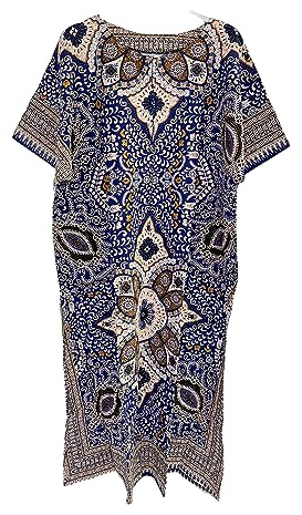 Vestido largo de verano para mujer 100% algodón Dashiki estampado africano, talla única, azul marino, Talla única