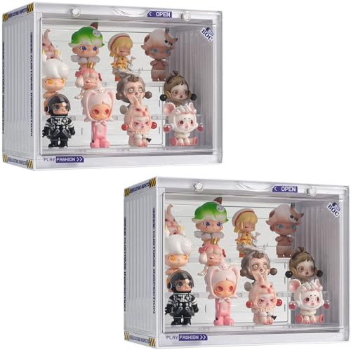 Clear Display Case for Figures, 3 Tier Adjustable Display Stand, Acrylic Display Box with Magnetic Door, Dustproof Showcase for Collectibles Mini Funko Pop Popmart Action Figures (Ivory-2 Pack)