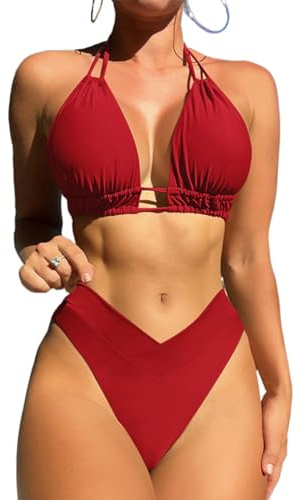 Bikinis Mujer Push Up Elegante Traje de baño de Mujer de Dos Piezas Push Up Halter Bikini Estampado Cuello de V Bañadores Sexy Bikini y Deportivo de Cintura