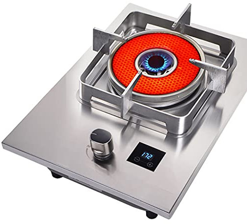 Placa de cocina de gas por infrarrojos incorporada Placa de cocina de acero inoxidable de 5,2 KW, Anillos cuadrados antideslizantes de hierro fundido, Temporizador de 180 minutos, Compatible con