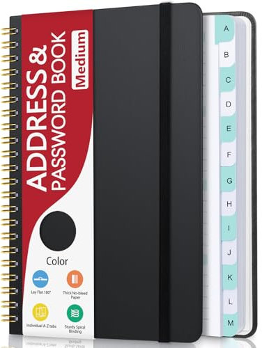 Carnet d'adresses avec onglets alphabétiques, carnet de mots de passe à couverture rigide avec reliure à spirales, carnet d'adresses pour personnes âgées, enregistrement des connexions Internet, pages