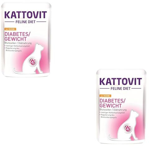 Kattovit Feline Diet Diabetes | Paquete Doble | 2 x 24 x 85 g | Alimento dietético Completo para Gatos | para apoyar la reducción del sobrepeso | Comida húmeda en Bolsa Fresca