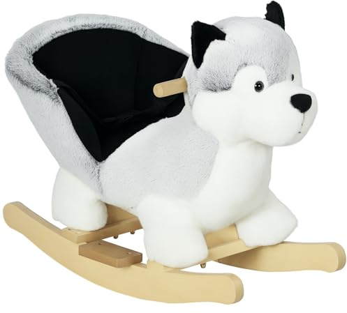 HOMCOM Husky Baby Rocking Horse for Toddlers, Plush Wooden Child Rocking Animal with Sound, Seatbelt, Gift for Ages 18-36 Months, Kids Ride-On Toy for Indoor Use - Grey