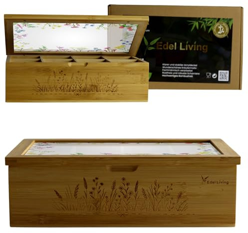 Edel Living Premium Teebox mit 8 Fächern, Acrylglasfenster, Kräutergravur & Magnetverschluss - vielseitig verwendbar für Teebeutel, Kaffeekapseln & mehr (Mattem Wiesenwildblumen)