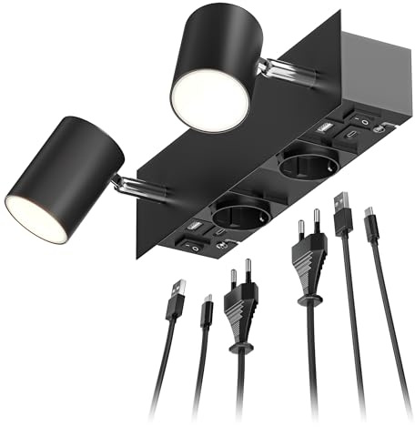 ledscom.de Väggspot WAIKA, 2-flammig, svart, uttag, USB-C, USB-A, inkl. LED GU10-lampor 450lm vardera, varmvit