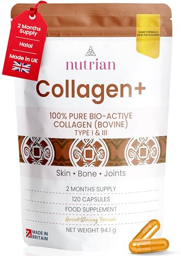 Nutrian Collagen+ | 1200mg Bio-Active Hydrolysed 100% Bovine Collagen Peptides | Grass-Fed, Halal Certified, Made in UK | Type I & III | Skin, Hair, Nails & Joint Support | 120 Capsules