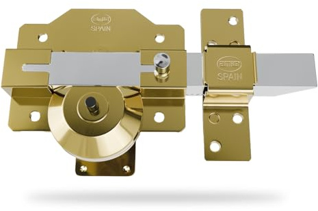 Amig - Cerrojo de Sobreponer con Resbalón de Alta Seguridad - Cilindro 50 mm - 90 x 154 mm - Acero - Oro - Antibumping y Antitaladro - Cierre a la Izquierda