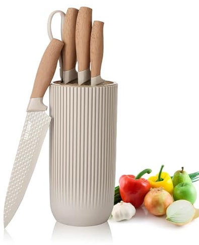 Chef Knife Set with Block, 6-Piece Kitchen Knives Set with Sharp Blades, Professional Knife Set with Ergonomic Handle, Non-Stick Stainless Steel Knife Block Set (Khaki)