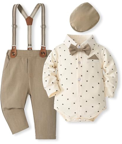 Volunboy Baby pojkar kostym set kläder skjorta med fluga hängslen byxor basker sparkdräkt kostym 5 delar, Khaki prickig, 18-24 månader