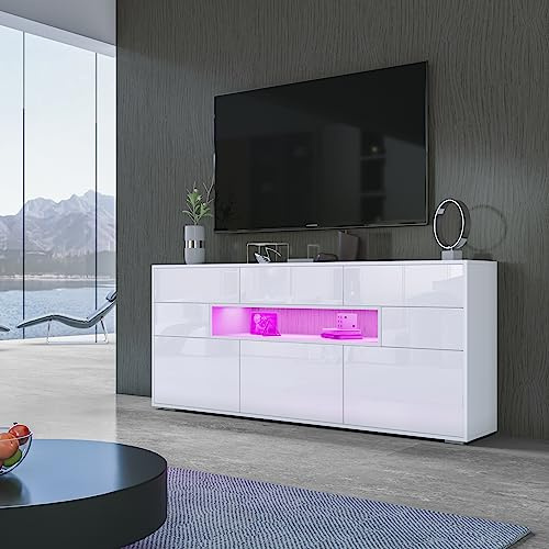 White Gloss Sideboard for Living Room, LED Sideboard Storage Cabinet 5 Drawers 3 Doors and 1 Open Shelf, High Gloss TV Stand Unit, Home Furniture 150 * 35 * 72cm