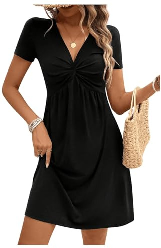 EIRUKON Robe Ete Femme Col V Chic et Elegant Manches Courtes Mini Robe A-Line Décontractée Robes Taille Haute pour Fête Noël Mariage